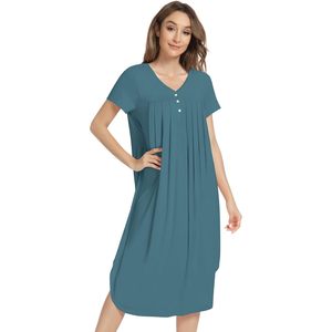 Chemise de nuit plissée en viscose de bambou tissée pour femme, à manches courtes, respirante, décontractée, pour la nuit - Product Image 1