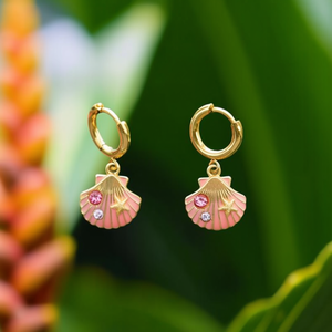 Fashion Drop <b>Earrings</b> 316L Stainless Steel PVD Gold Plating Shell Design Pink Rhinestones Starfish Charm - Product Image 3