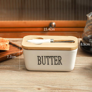 Boîte à beurre en céramique multicolore avec couvercle en bois et couteau, capacité de 500 ml, stockage réfrigéré du fromage pour la cuisine - Product Image 3