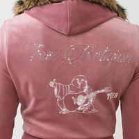 Fabricant OEM Logo personnalisé Ensemble de survêtement en velours pour femmes Ensemble deux pièces avec bordure en fausse fourrure et sweat à capuche zippé et pantalon de survêtement avec strass