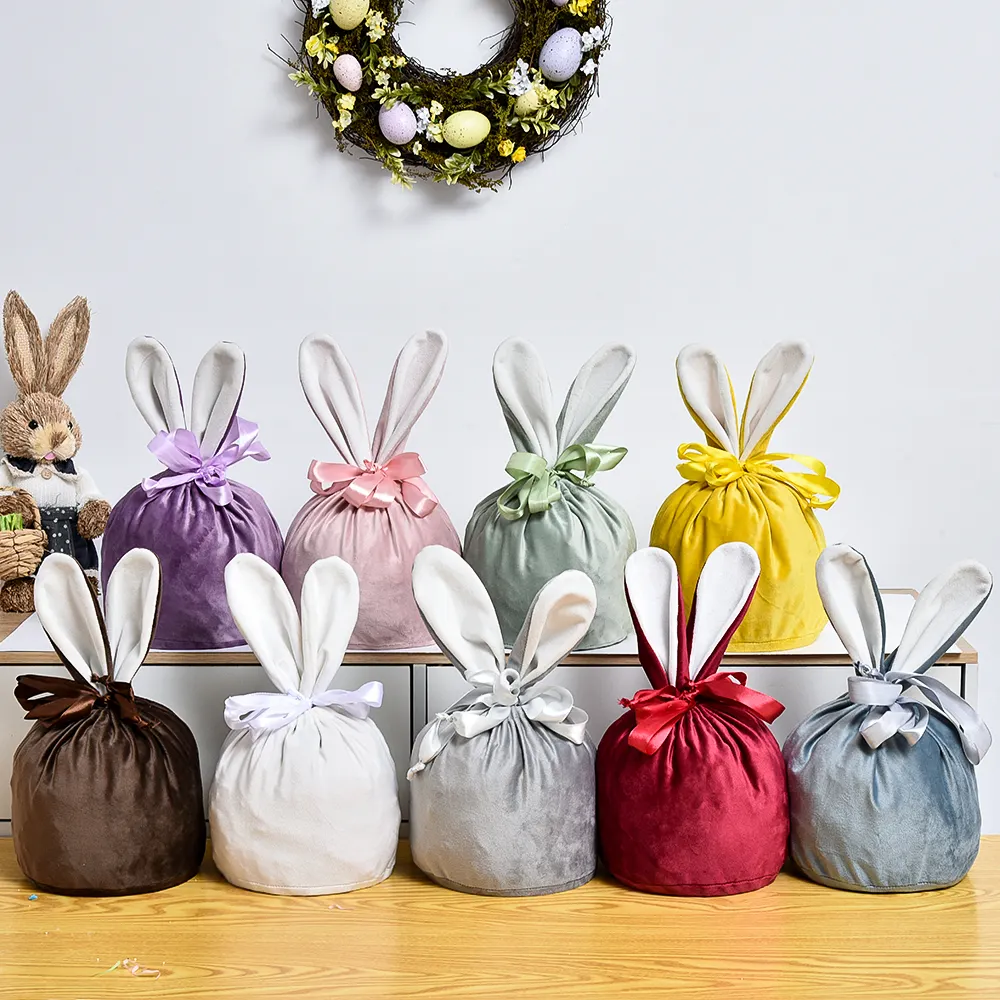 New Arrival 9 Colors Luxury Design Long Rabbit Ears Bunny Velvet Gift Easter Candy Bags