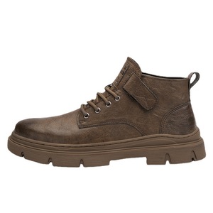 Bottes pour hommes en cuir véritable, hauteur cheville, bout rond, semelle extérieure en caoutchouc antidérapante, doublure en peluche, couleur unie, mode automne-hiver - Product Image 5