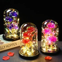 BLH Fleur en feuille d'or 24 carats dans un dôme en verre avec lumières LED et base en bois Cadeau de Saint Valentin pour maman Meilleures plantes décoratives