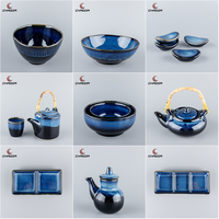 Assiette à dîner en céramique bleue nordique, directement de l'usine, ensemble de vaisselle bleue, glaçure réactive, durable, compatible micro-ondes