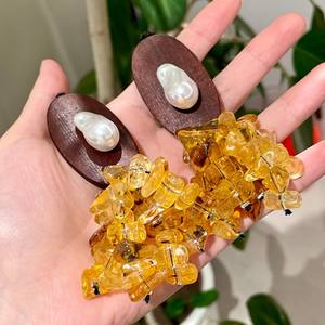 Boucles d'oreilles pendantes en bois et citrine avec perle naturelle, style vintage pour femme, usage quotidien, bijoux 2026 - Product Image 2
