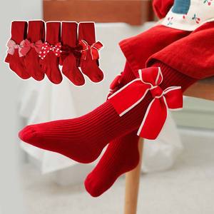 Collants d'hiver épais et moelleux de Noël pour bébé fille Chaussettes coréennes à la mode pour le Nouvel An Rouge Mignon Gros nœud Fuzzy Warm Baby Pantyhose - Product Image 3