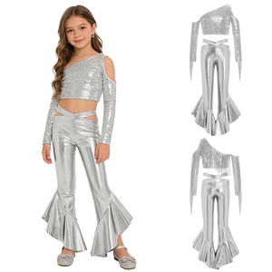 Conjunto Brillante para Niñas de 6 a 16 Años, Top Corto y Pantalones Metálicos con Volantes y Campana, para Baile, Actuaciones y Salidas Casuales - Product Image 5