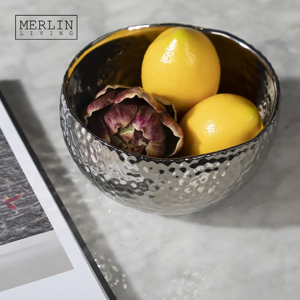 Merlin Ronde Metalen Zilveren Fruitschaal Servies Mirrored Bright Geweven Slakom Keramische Decor Met Home Decor Accessoires