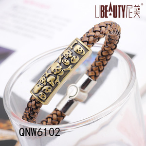 European American Style Men's Skull <b>Bracelet</b> Braided Leather <b>Rope</b> Copper Alloy Gift Jewelry QNW6102 - Product Image 4