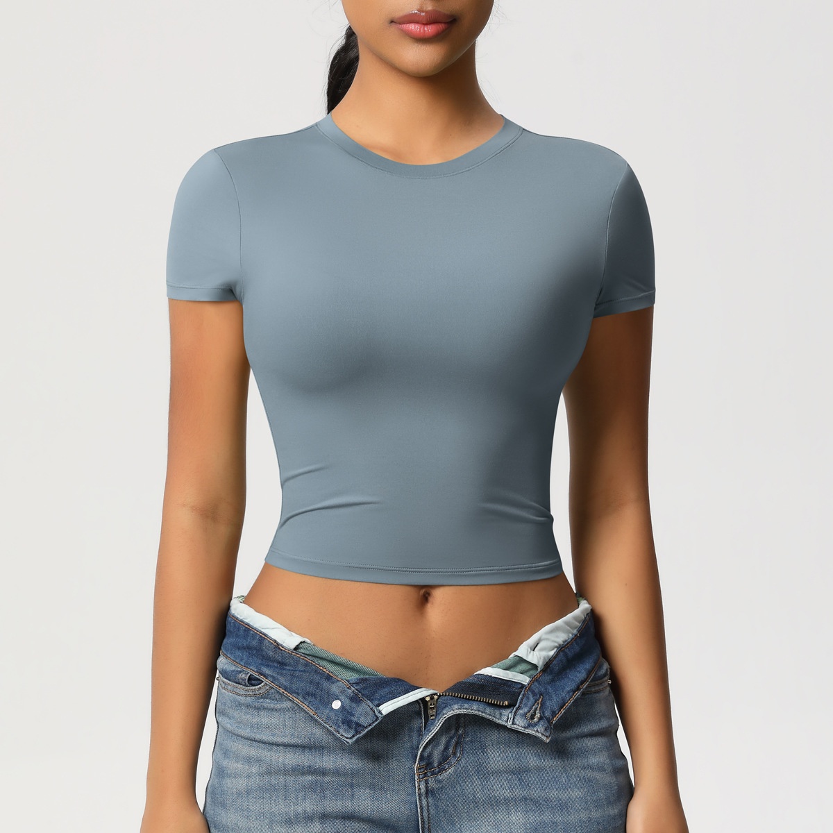 Cross-border Women's Double-sided Nylon Casual Tight Quick-drying Solid Pilates Top Yoga Clothes Short-sleeved Running Fitness