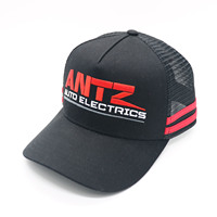 Casquette de camionneur personnalisée à 5 panneaux, en tissu éponge de performance, qualité australienne, profil haut, structure structurée, bande rayée, maille, 2 côtés
