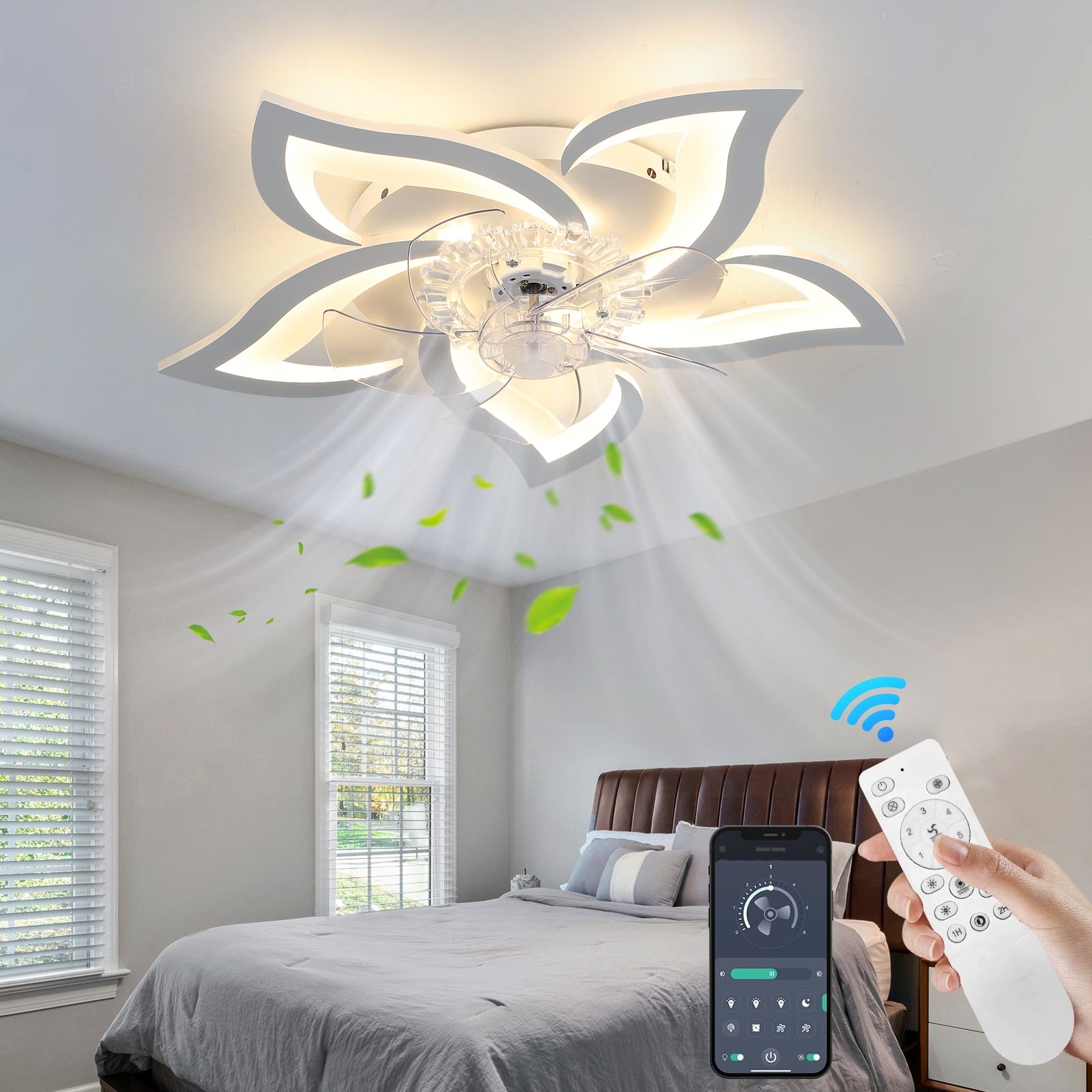Modern Smart LED Ceiling Fan Lamp with App Remote Control and 3 Color Dimmable Fan Lamp for Living Room Bedroom