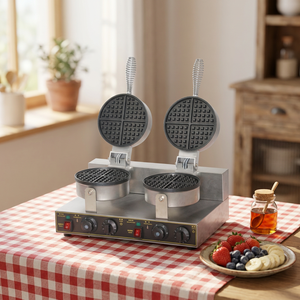 Gaufrier électrique professionnel double rond, plaques antiadhésives en acier inoxydable, pour snack-bars et restaurants - Product Image 2