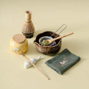 Ensemble de thé matcha, bol en céramique avec fouet en bambou, passoire en acier inoxydable, design Wabi Sabi pour la cérémonie du thé - Product Image 1