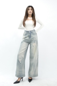 Jean droit bleu clair taille haute 8841 polyvalent coupe régulière respirant lavable vêtements de tous les jours Design tendance élégance facile - Product Image 5