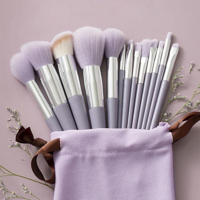 Purple 13 Pcs Premium Synthetic Kabuki Makeup Brush Set Kit Eye Shadows Make Up Brushes with Velvet Travel Makeup Bag