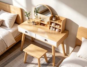 Scandinavian Solid Birch <b>Makeup</b> <b>Vanity</b> With Mirror And Storage Drawers For Bedroom - Product Image 4