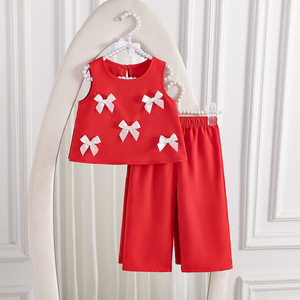 Set di Pantaloni per <span class=keywords><strong>Bambina</strong></span>, Elegante e alla Moda, Rosso Tinta Unita, Senza Maniche con Fiocco, Morbido 100% Poliestere - Product Image 1