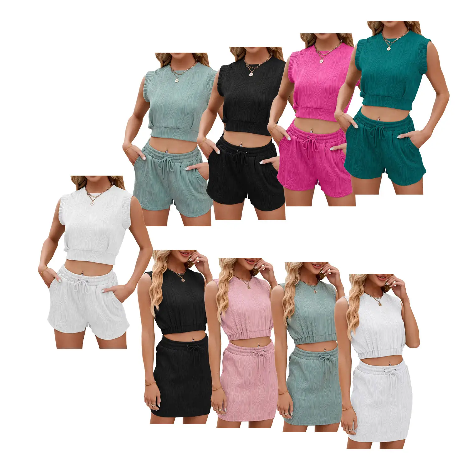 2024 neuer Stil Damen Short Sets solide Farbe runder Nacken elastische Taille ärmelloser modischer Anzug leichter atmungsaktiver Stoff