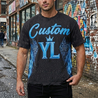 T-shirt Homme Streetwear Oversize Vintage en Coton 100% avec Impression Numérique Effet Usé et Strass Personnalisés de Haute Qualité