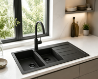 Évier de cuisine double en pierre de quartz noir multi-usages OEM ODM avec égouttoir