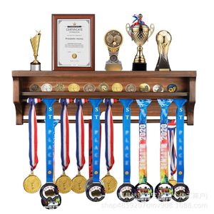 Wooden Medal Display Rack <b>Wall</b> <b>Mounted</b> Double Layer Trophy Certificate Holder Brown Black Rectangle 3 Floors - Product Image 1