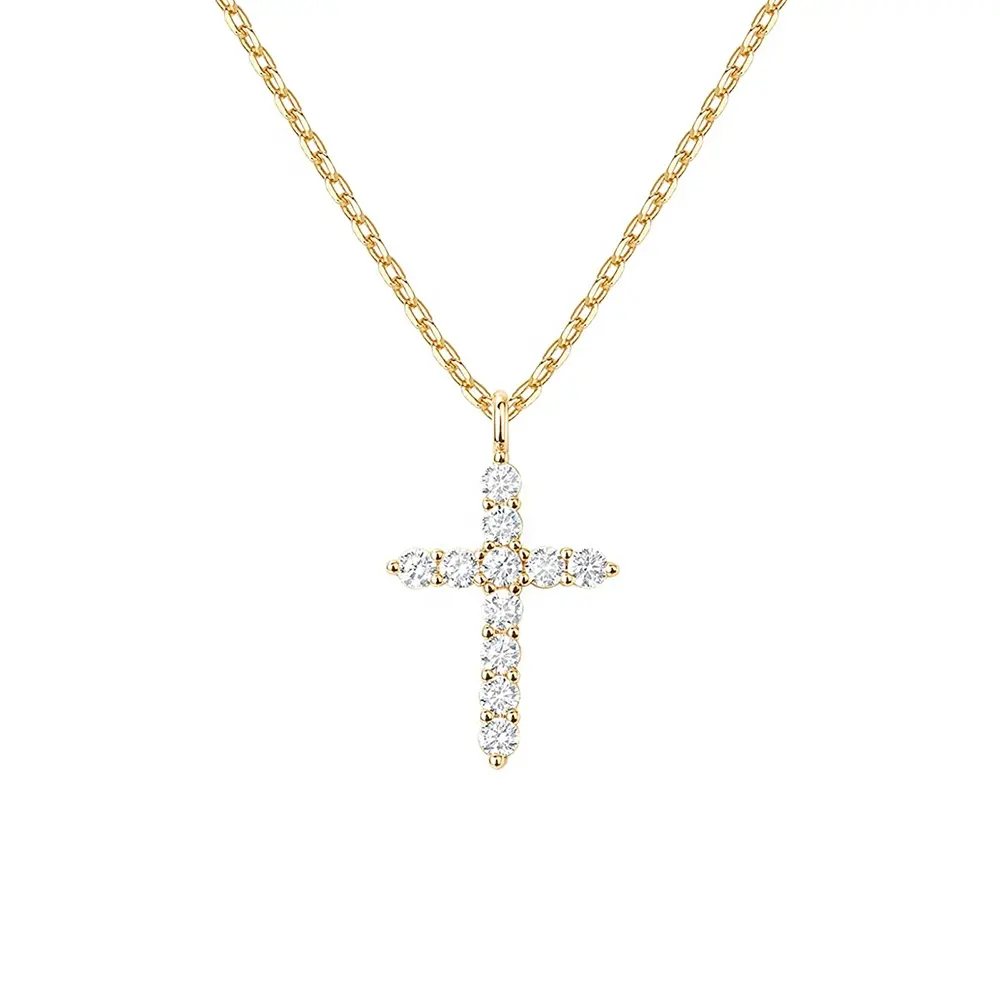 Custom Simple 925 Sterling Silver 5A Cubic Zirconia Jewelry Dainty 18K Gold Plated Chain Cross Pendant Necklaces for Women