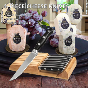 Ensemble de 4 couteaux à fromage en acier inoxydable faits à la main avec bord dentelé, manche en plastique, étui en cuir, collection de couteaux Viking - Product Image 2