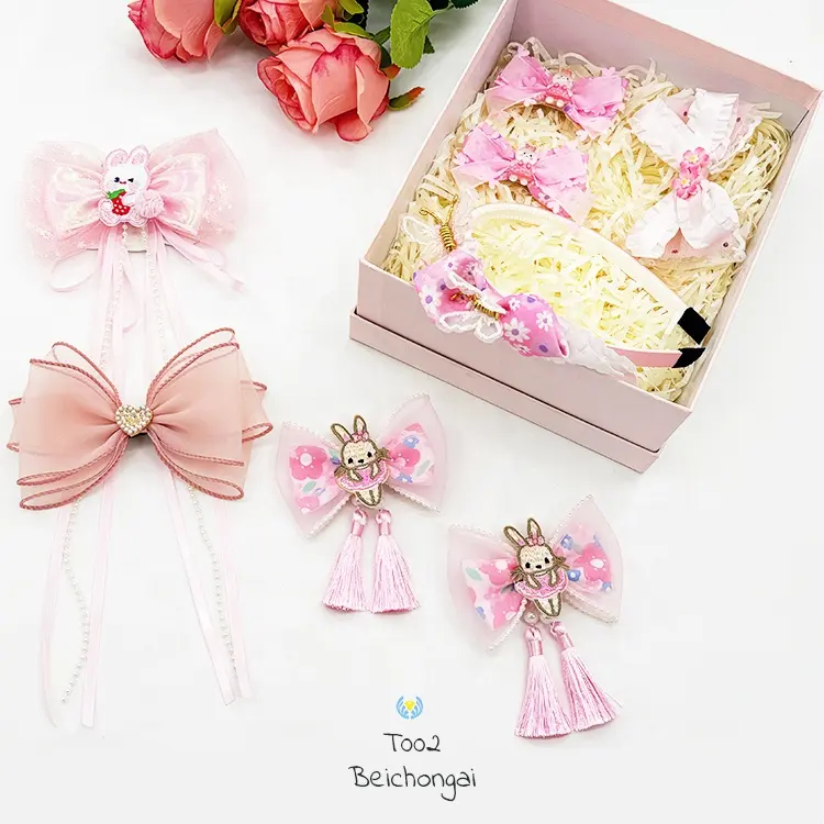 Caja de regalo rosa de 8 piezas, juego de accesorios para el cabello, pasadores para el cabello, lazos para el cabello, regalo para niñas de 3 a 12 años