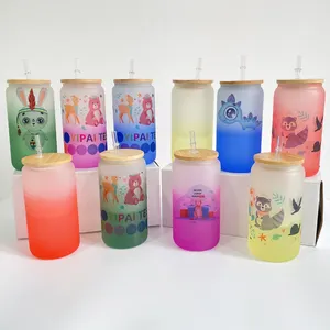 16oz color changing sublimation cups colorful Beer Can Shaped Glass delicate drinking glasses with lid for customized gifts