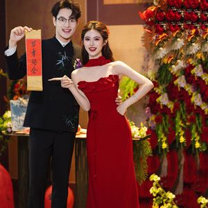 Red Strapless Mermaid Evening Gown With Floral Print Natural Waistline For Wedding Banquet And Coming Of Age Ceremony - Product Image 4