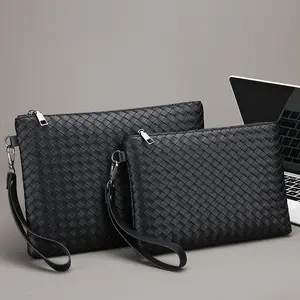 Moda Homens Super Fiber Leather Woven Handbag Alta Qualidade Grande Capacidade Business Casual Handbag Multi Pocket Hand Bag For Men