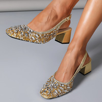 Sandales à bout carré pour femmes, vente en gros directe d'usine, sandales à talon épais, sandales de créateur pour femmes avec strass