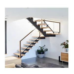 Escalier en acier et bois pour la maison, balustrade en verre, en forme d'arc, personnalisé, vente en gros