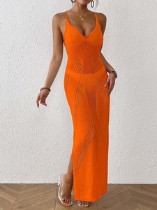Robe maxi en maille à col en V et fentes latérales, 6 couleurs, transparente, pour femme, tenue de plage, cache-maillot de bain - Product Image 2