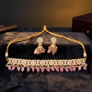 Latest Market Design of Kundan Pink Choker Necklace Set Rhodium Plating <b>Titanium</b> Beads Butterfly Shape 301415 for Women Girls - Product Image 3