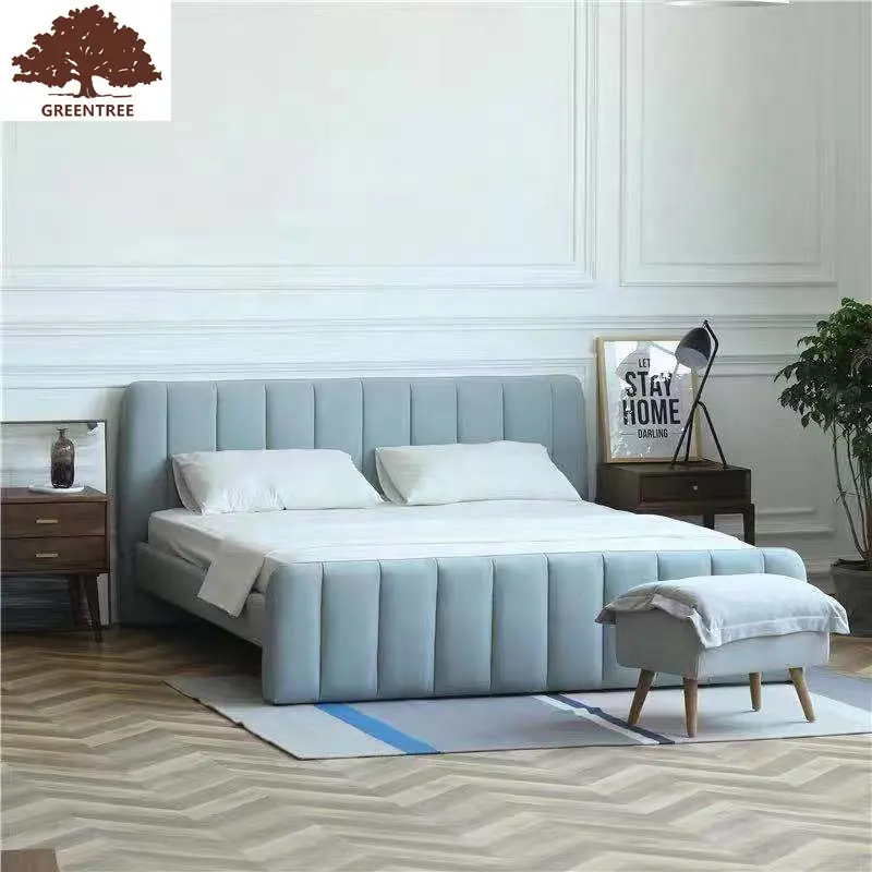 Yatak odası otel katı ahşap kral kraliçe çift kişilik yatak, Modern tasarım ahşap kumaş döşemeli yataklar