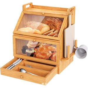 Boîte de rangement à pain en bambou à double couche avec porte en verre, boîte à pain en bois massif avec tiroir pour comptoir de cuisine - Product Image 1