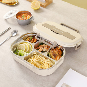 304 Stainless Steel Compartment Lunch Box With <b>Plastic</b> <b>Lid</b> Rectangle Sealed Meal <b>Container</b> For Office Workers And Students - Product Image 1