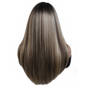 Perruque Synthétique Frontale en Dentelle 13x6, 24 Pouces, Châtain Chocolat, Raie Libre, Longue et Lisse, Ombrée Châtain Blond avec Mèches, Résistante à la Chaleur - Product Image 3
