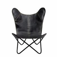 Fauteuil d'appoint papillon en cuir véritable artisanal de luxe avec structure métallique durable, disponible en plusieurs couleurs pour le salon.