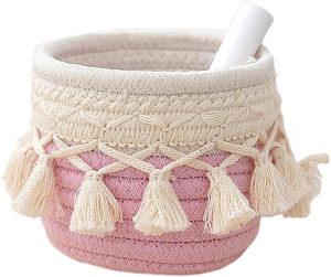 Panier de rangement en <span class=keywords><strong>corde</strong></span> de coton bicolore, petit organisateur tissé en macramé avec franges pour la chambre de bébé, le bureau, les articles divers et les outils de maquillage - Product Image 3