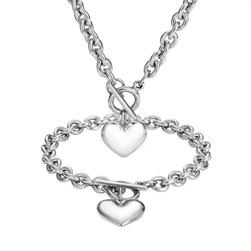 Collana a catena cuore in acciaio inossidabile + bracciale a cuore per donne ragazze con ciondolo a forma di cuore