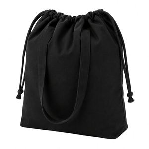 Sac fourre-tout en toile de coton noir personnalisé avec cordon de serrage, vente en gros OEM - Product Image 1