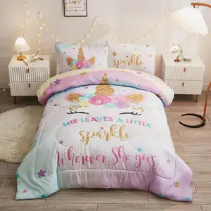 MU Bedding sets queen comforter set 5pc ultra soft and flufly 3d colorful unicorn bedding luxury jacquard comforter set 5 piece