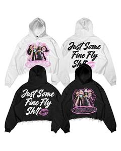 Trimiana <b>Oversized</b> Crop <b>Hoodie</b> Unisex Black <b>White</b> Cartoon Print Fringe Hem Casual Streetwear Hooded Sweatshirt For Sale - Product Image 5