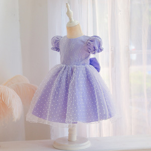 Robe de premier anniversaire pour fille, jupe tutu en dentelle violette, coupe trapèze, col rond, en coton et tulle 986 - Product Image 1