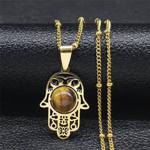 Islam Hamsa – colliers en pierre d'oeil de tigre en acier inoxydable pour femmes/hommes, collier de mauvais yeux de turquie, bijoux