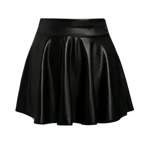 Spring Autumn Women Black Faux Leather Skirts High Waist Club Pleated Skirts A Line Solid Color Mini Skirts Plus Size XXS-2XL