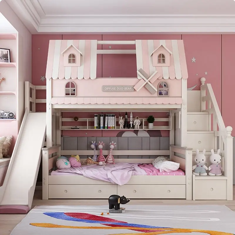 モダンなピンクの子供用ベッドベッドルーム家具二段ベッド子供用無垢材収納ベッド